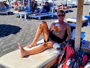 Herb enjoying himself at Paralia Perivolos (Black Sands Beach)
